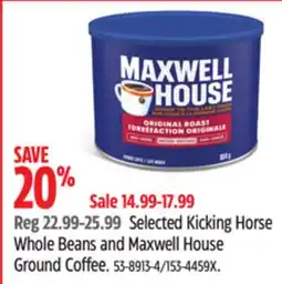 Canadian Tire Selected Kicking Horse Whole Beans and Maxwell House Ground Coffee offer