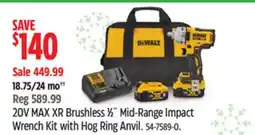 Canadian Tire DEWALT 20V MAX XR Brushless 1⁄2˝ Mid-Range Impact Wrench Kit with Hog Ring Anvil offer