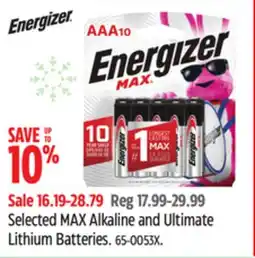 Canadian Tire Energizer Selected MAX Alkaline and Ultimate Lithium Batteries offer
