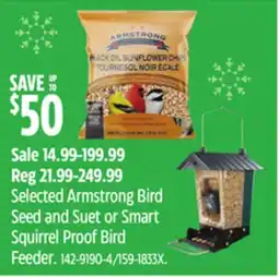 Canadian Tire Selected Armstrong Bird Seed and Suet or Smart Squirrel Proof Bird Feeder offer