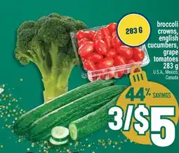 Marché Adonis Broccoli crowns, english cucumbers, grape tomatoes offer