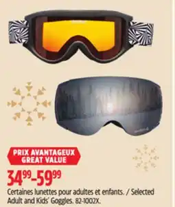 Canadian Tire Selected Adult and Kids' Goggles offer