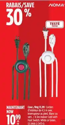 Canadian Tire NOMA 4.5m Indoor Cord with Foot Switch. White or Green offer