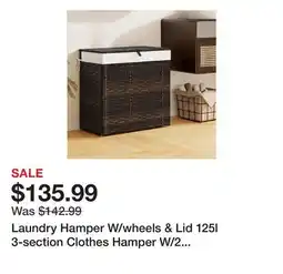 Wayfair Laundry Hamper W/wheels & Lid 125l 3-section Clothes Hamper W/2 Liner Bags offer