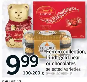 Fortinos FERRERO COLLECTION, LINDT GOLD BEAR OR CHOCOLATES, 100-200 G offer