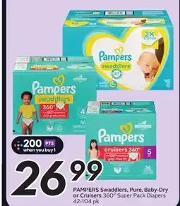 Sobeys PAMPERS Swaddlers, Pure, Baby-Dry or Cruisers 360O Super Pack Diapers offer