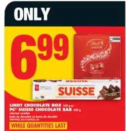 No Frills LINDT CHOCOLATE BOX 108 G OR PC SUISSE CHOCOLATE BAR 400 G offer