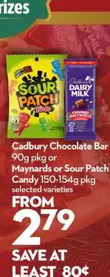 Longo's Cadbury Chocolate Bar 90g pkg or Maynards or Sour Patch Candy 150-154g pkg offer