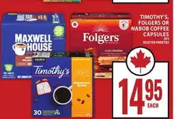 Food Basics TIMOTHY'S, FOLGERS OR NABOB COFFEE CAPSULES offer
