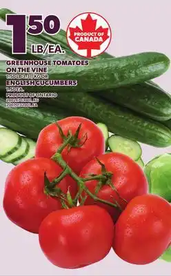 Loblaws GREENHOUSE TOMATOES ON THE VINE 1.50 LB OR ENGLISH CUCUMBERS 1.50 EA offer