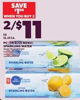 Loblaws PC OR BLUE MENU SPARKLING WATER, 12X355 ML offer