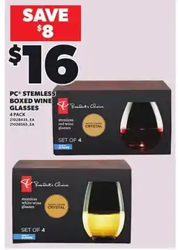 Loblaws PC STEMLESS BOXED WINE GLASSES, 4 PACK offer
