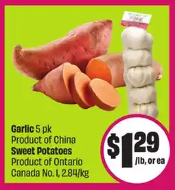 Chalo FreshCo Garlic Sweet Potatoes 5 pk Product of China Product of Ontario Canada No. 1, 2.84/kg offer