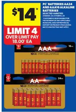 Real Canadian Superstore PC BATTERIES AA24 AND AAA16 ALKALINE BATTERIES offer