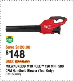 Home Depot MILWAUKEE M18 FUEL 120 MPH 500 CFM Handheld Blower (Tool Only) offer