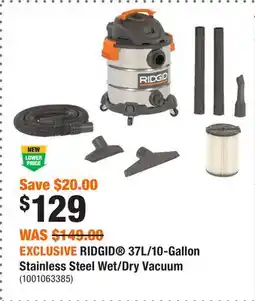 Home Depot EXCLUSIVE RIDGID 37L/10-Gallon Stainless Steel Wet/Dry Vacuum offer
