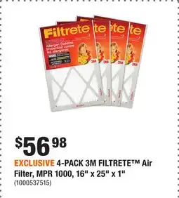Home Depot EXCLUSIVE 4-PACK 3M FILTRETE Air Filter, MPR 1000, 16 x 25 x 1 offer