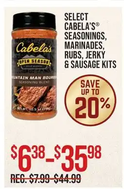 Cabela's SELECT CABELA'S SEASONINGS, MARINADES, RUBS, JERKY & SAUSAGE KITS offer