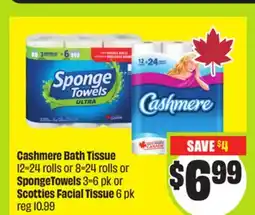 FreshCo Cashmere Bath Tissue 12=24 rolls or 8=24 rolls or SpongeTowels 3=6 pk or Scotties Facial Tissue 6 pk offer