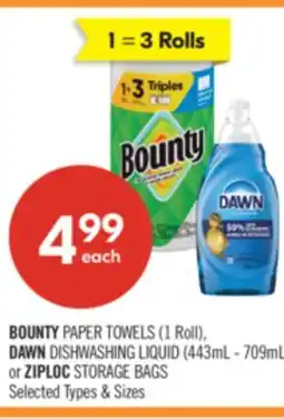 Shoppers Drug Mart BOUNTY PAPER TOWELS (1 Roll),DAWN DISHWASHING LIQUID (443mL-709ML)or ZIPLOC STORAGE BAGS offer