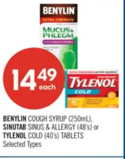 Shoppers Drug Mart BENYLIN COUGH SYRUP (250mL), SINUTAB Sinus & Allergy (48's) or TYLENOL COLD (40's) TABLETS offer