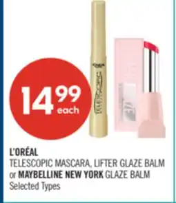 Shoppers Drug Mart L'ORÉAL TELESCOPIC MASCARA, LIFTER GLAZE BALM or MAYBELLINE NEW YORK GLAZE BALM offer