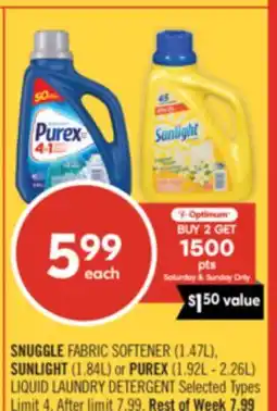 Shoppers Drug Mart SNUGGLE FABRIC SOFTENER (1.47L), SUNLIGHT (1.84L) or PUREX (1.92L - 2.26L) LIQUID LAUNDRY DETERGENT offer