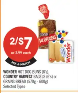 Shoppers Drug Mart WONDER HOT DOG BUNS (8's). COUNTRY HARVEST BAGELS (6's) or GRAINS BREAD (570g - 600g) offer