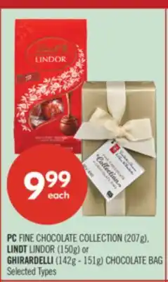 Shoppers Drug Mart PC FINE CHOCOLATE COLLECTION (207g), LINDT LINDOR (150g) or GHIRARDELLI (142g - 151g) CHOCOLATE BAG offer