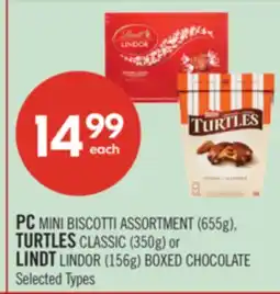 Shoppers Drug Mart PC MINI BISCOTTI ASSORTMENT (655g), TURTLES CLASSIC (350g) or LINDT LINDOR (156g) BOXED CHOCOLATE offer