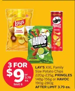 Rexall LAY'S XXL Family Size Potato Chips 220g-235g, PRINGLES 148g-156g or HAVOC 190g-280g offer