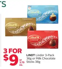 Rexall LINDT Lindor 3-Pack 36g or Milk Chocolate Sticks 38g offer