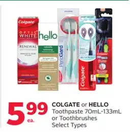 Rexall COLGATE or HELLO Toothpaste 70mL-133mL or Toothbrushes offer