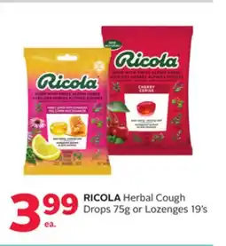 Rexall RICOLA Herbal Cough Drops 75g or Lozenges 19's offer