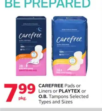 Rexall CAREFREE Pads or Liners or PLAYTEX or O. B. Tampons offer