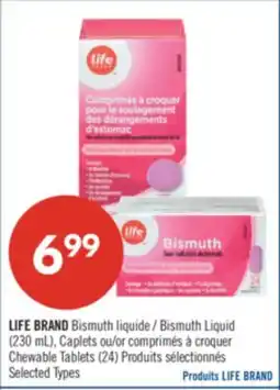 Pharmaprix LIFE BRAND Bismuth Liquid (230mL) Caplets or Chewable Tablets (24) offer