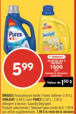 Pharmaprix SNUGGLE Fabric Softener (1,47 L), SUNLIGHT (1,84 L) or PUREX (1,92 L - 2,26 L) Laundry Detergent offer
