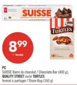Pharmaprix PC SUISSE Chocolate Bar (400 g), QUALITY STREET or TURTLES Share Bag (160 g) offer