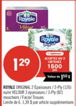Pharmaprix ROYALE ORIGINAL 2-Ply (126) or VELOUR 3-Ply (82) Facial Tissues offer