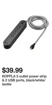 IKEA KOPPLA 5 outlet power strip & 2 USB ports, black/white/textile offer