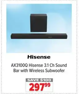 2001 Audio Video AX3100Q Hisense 3.1 Ch Sound Bar with Wireless Subwoofer offer