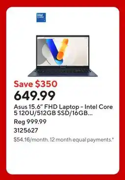 Staples Asus 15.6 FHD Laptop - Intel Core 5 120U/512GB SSD/16GB RAM/Windows 11 Home offer