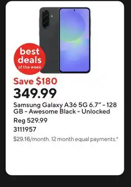 Staples Samsung Galaxy A36 5G 6.7 - 128 GB - Awesome Black - Unlocked offer