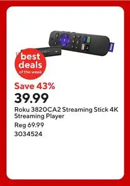 Staples Roku 3820CA2 Streaming Stick 4K Streaming Player offer
