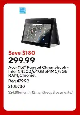 Staples Acer 11.6 Rugged Chromebook - Intel N4500/64GB eMMC/8GB RAM/Chrome OS with 3 months of Google AI Pro offer