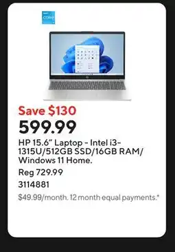 Staples HP 15.6 Laptop - Intel i3-1315U/512GB SSD/16GB RAM/Windows 11 Home offer