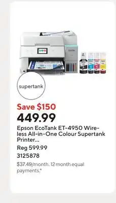 Staples Epson EcoTank ET-4950 Wireless All-in-One Colour Supertank Printer ñ White offer