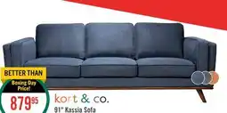 The Brick Kort & Co. Kassia 90.6 Linen-Look Fabric Sofa with Wood Base and Legs - Blue offer