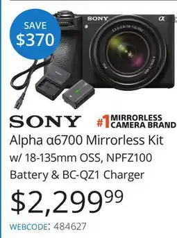 Vistek Sony Alpha α6700 Mirrorless Kit w/18-135mm OSS, NPFZ100 Battery & BC-QZ1 Charger offer
