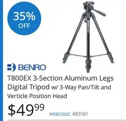 Vistek 3-Section Aluminum Legs Digital Tripod w/ 3-Way Pan/Tilt and Verticle Position Head offer